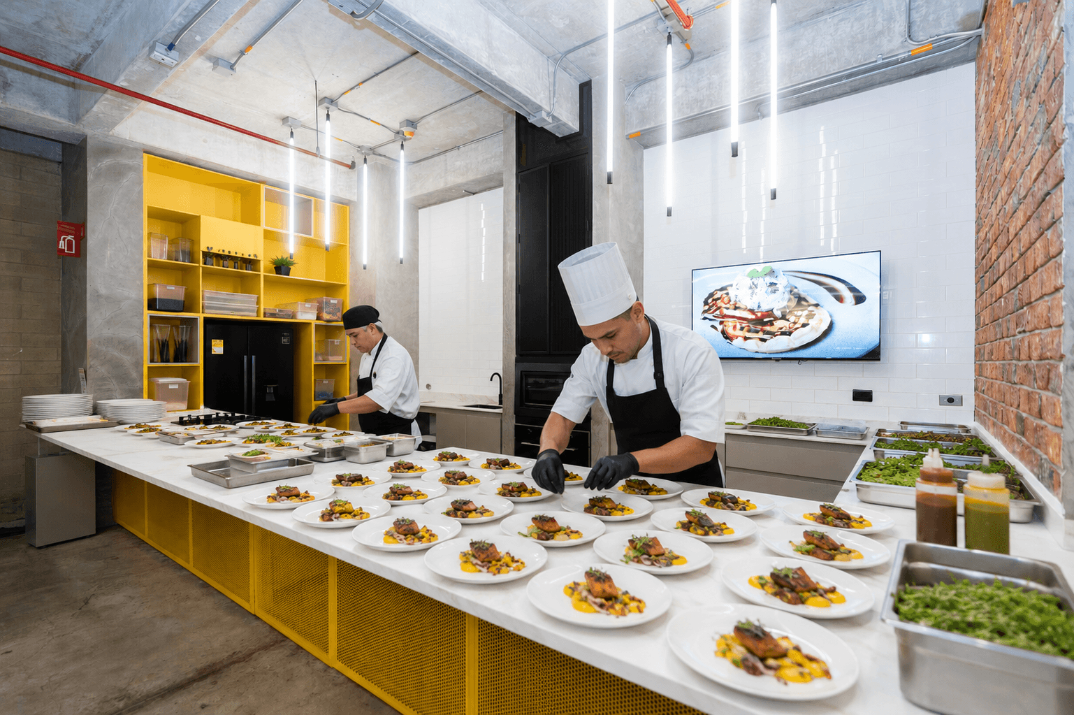Chefs del INDIE emplatando porciones individuales en la cocina profesional